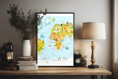 Kolorowa mapa świata z radosnymi zwierzętami dla dzieci