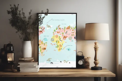 Kolorowa mapa świata z bajkowymi zwierzętami dla dzieci