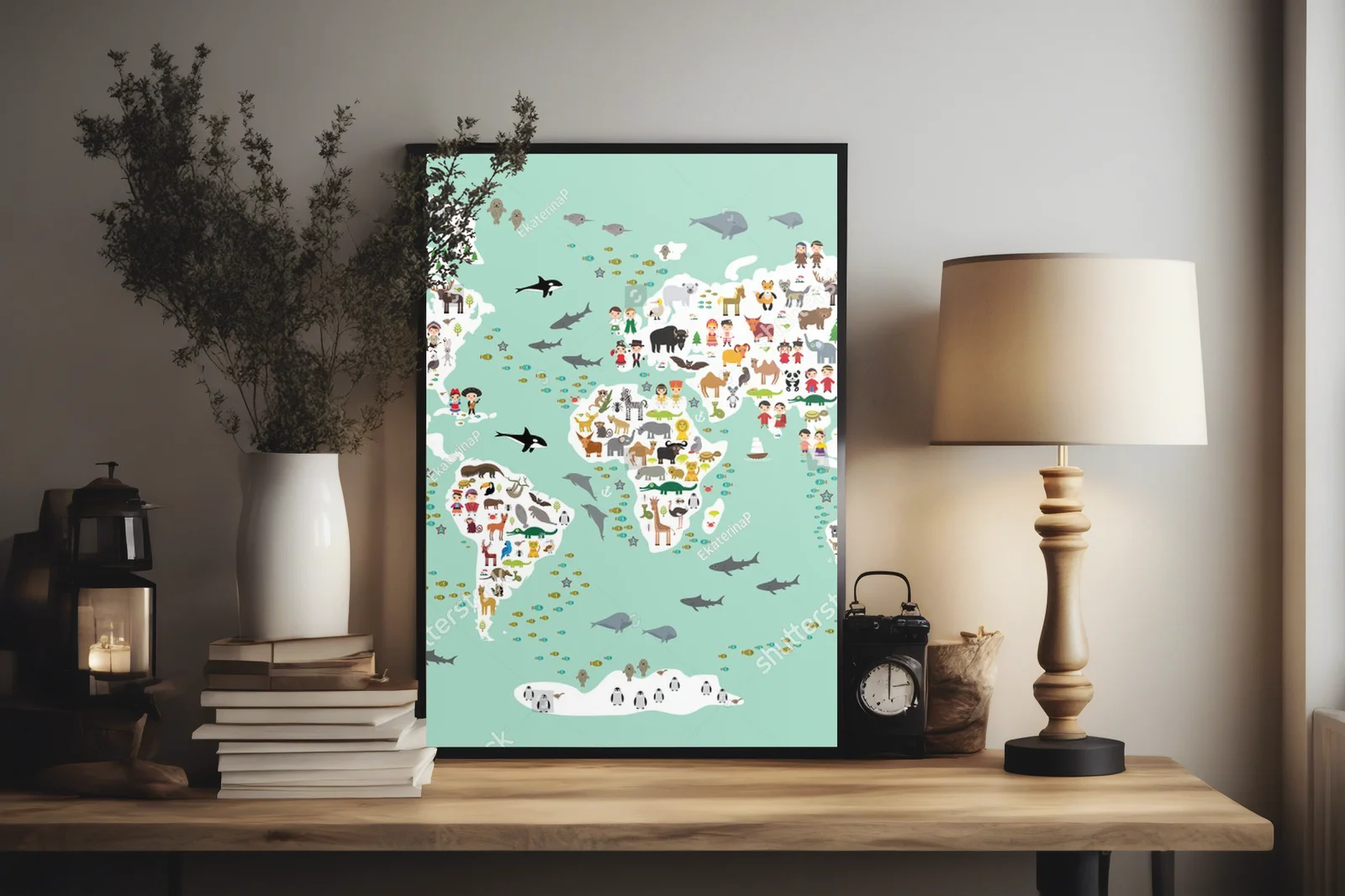 Kolorowa mapa świata zwierząt w pastelowych odcieniach