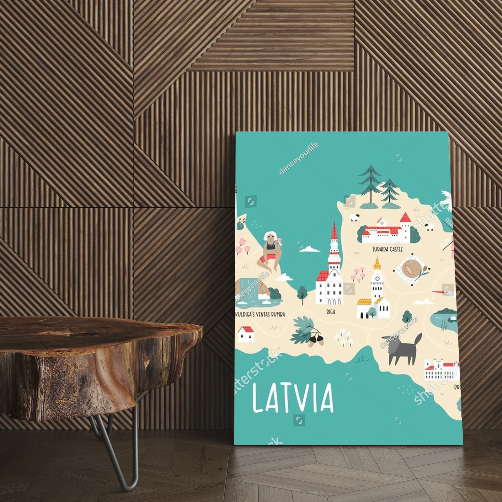 Detale Ruczna Mapa Łotwy z Symbolami Kulturowymi