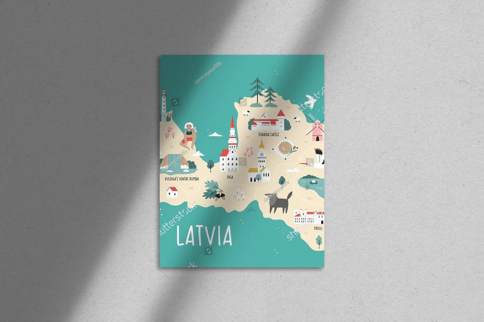 Detale Ruczna Mapa Łotwy z Symbolami Kulturowymi