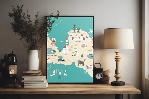 Detale Ruczna Mapa Łotwy z Symbolami Kulturowymi
