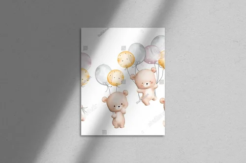 Urocze ilustracje misiów z balonami w stonowanych kolorach