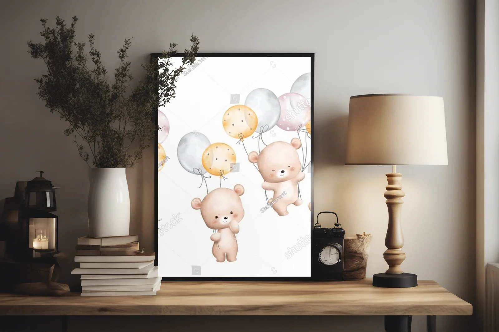 Urocze ilustracje misiów z balonami w stonowanych kolorach