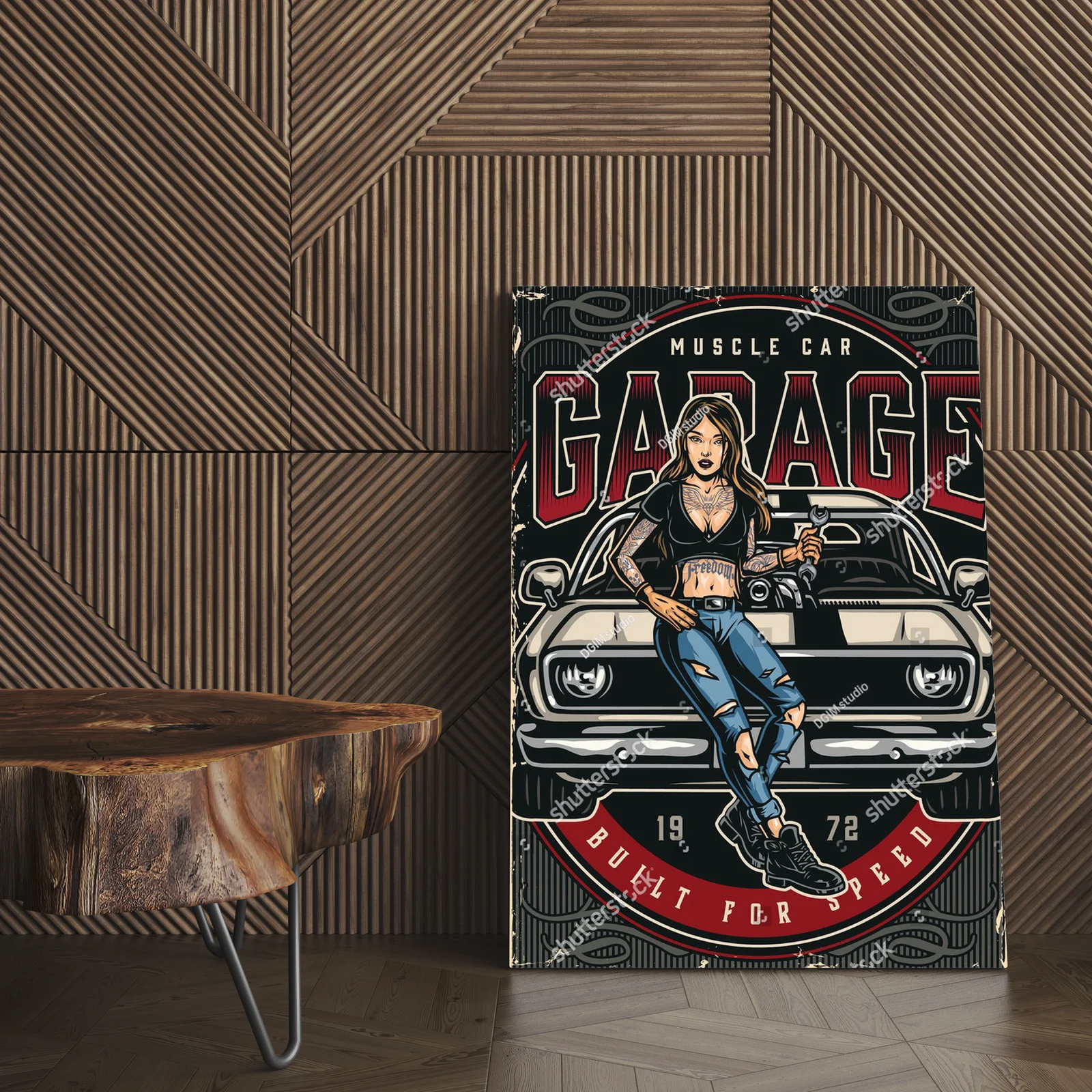 Kolorowa kompozycja muscle cars w retro klimacie