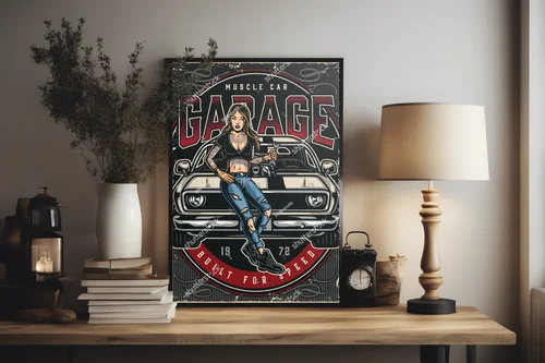 Kolorowa kompozycja muscle cars w retro klimacie