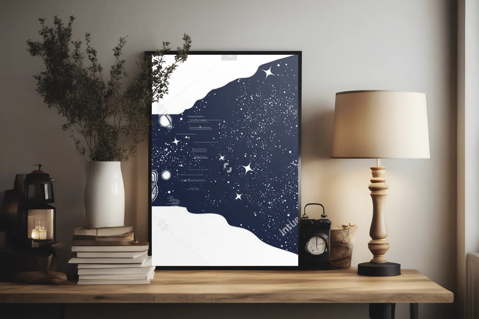 Surrealna grafika kosmosu w czerni i bieli