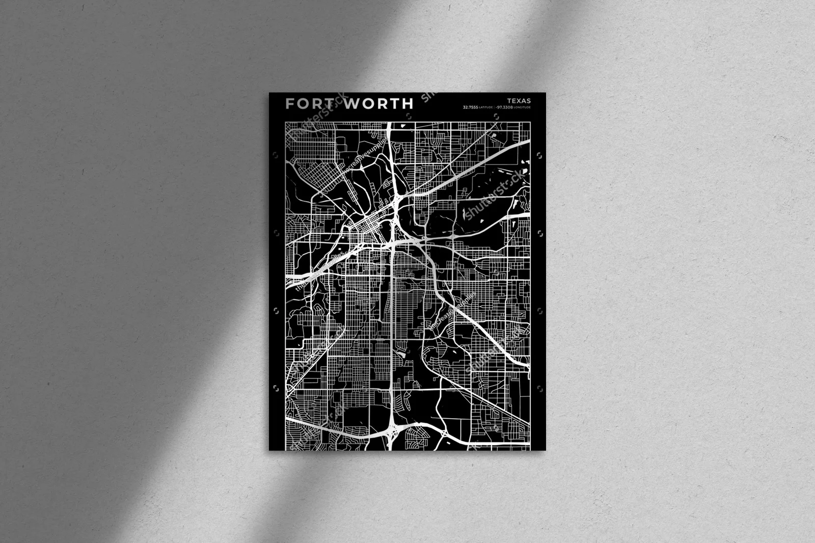 Elegancka mapa Fort Worth w monochromatycznych odcieniach