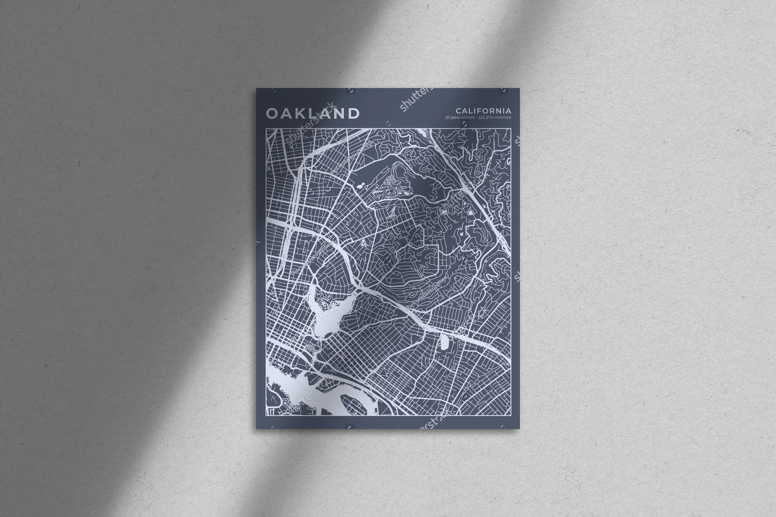 Minimalistyczna mapa Oakland w odcieniach szarości