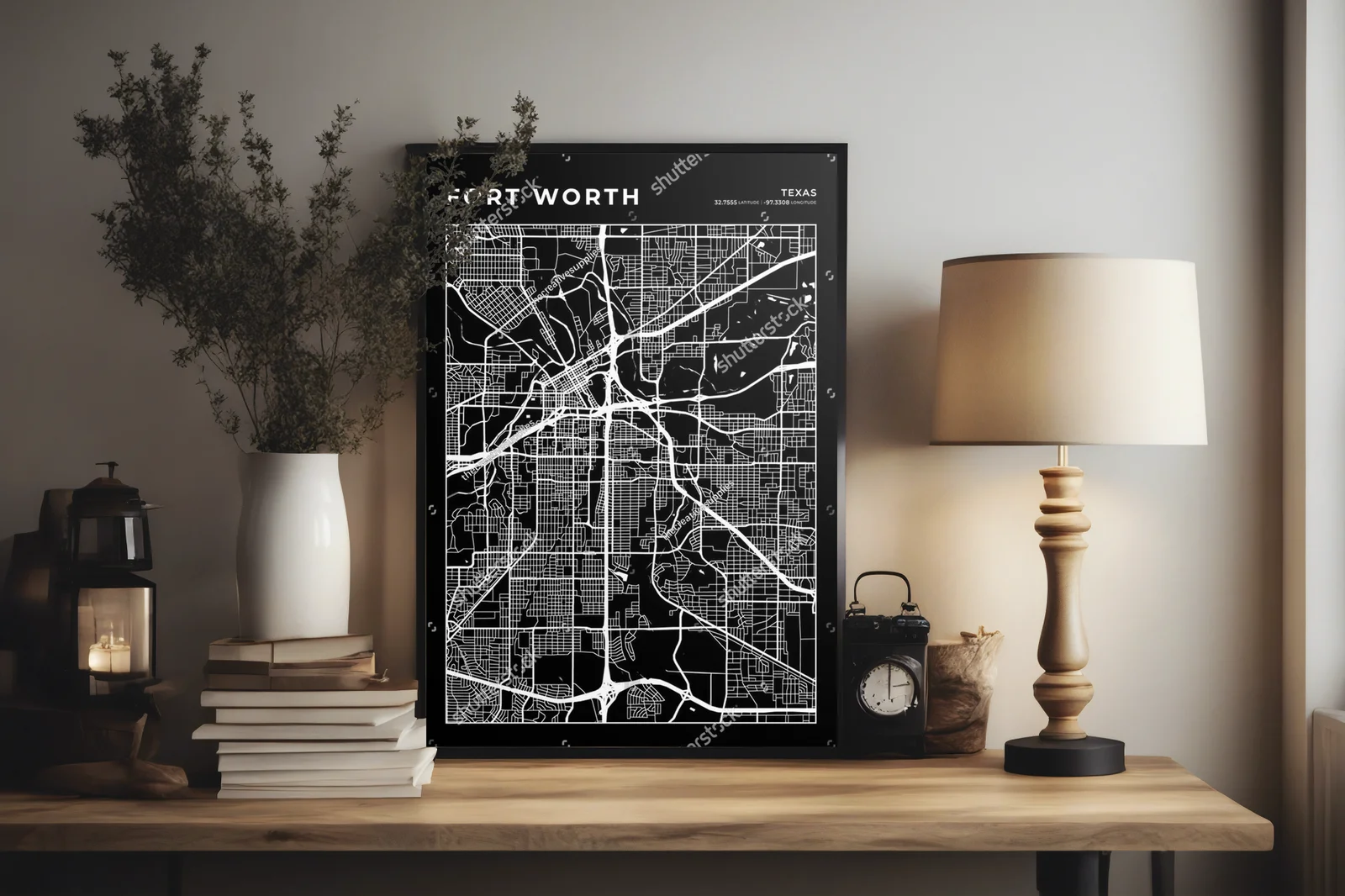 Elegancka mapa Fort Worth w monochromatycznych odcieniach