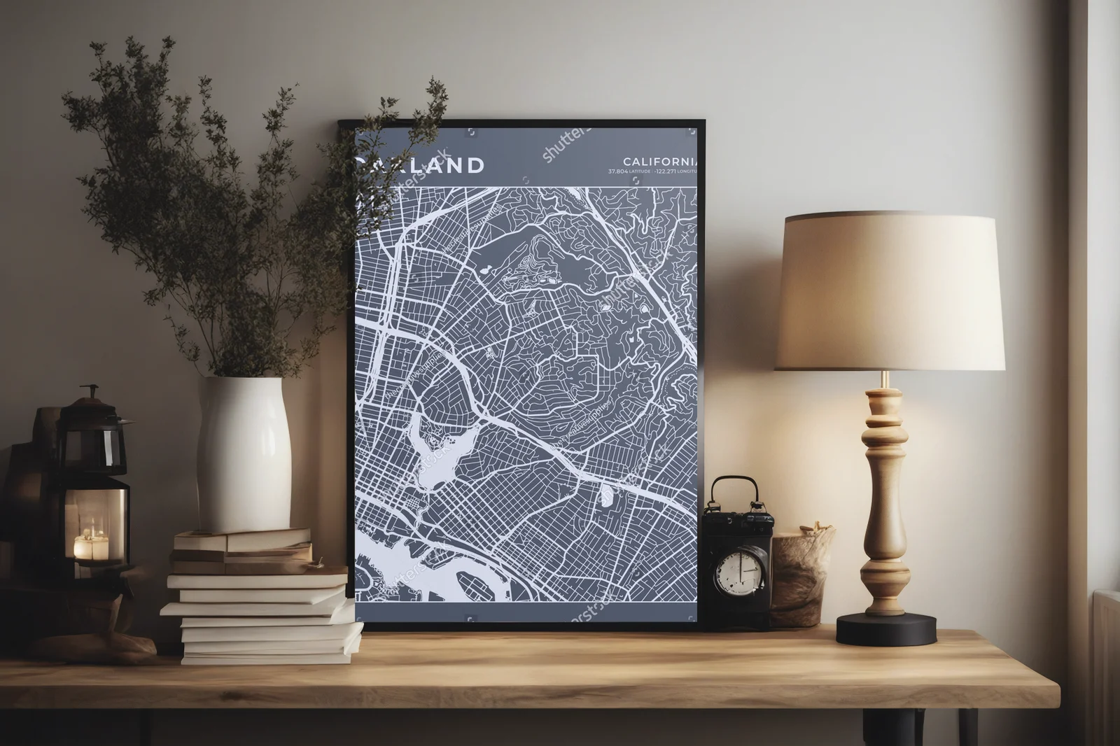 Minimalistyczna mapa Oakland w odcieniach szarości