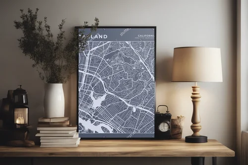Minimalistyczna mapa Oakland w odcieniach szarości