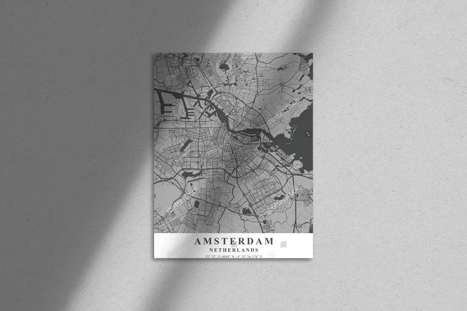 Monochromatyczna mapa Amsterdamu w szarościach