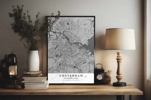 Monochromatyczna mapa Amsterdamu w szarościach