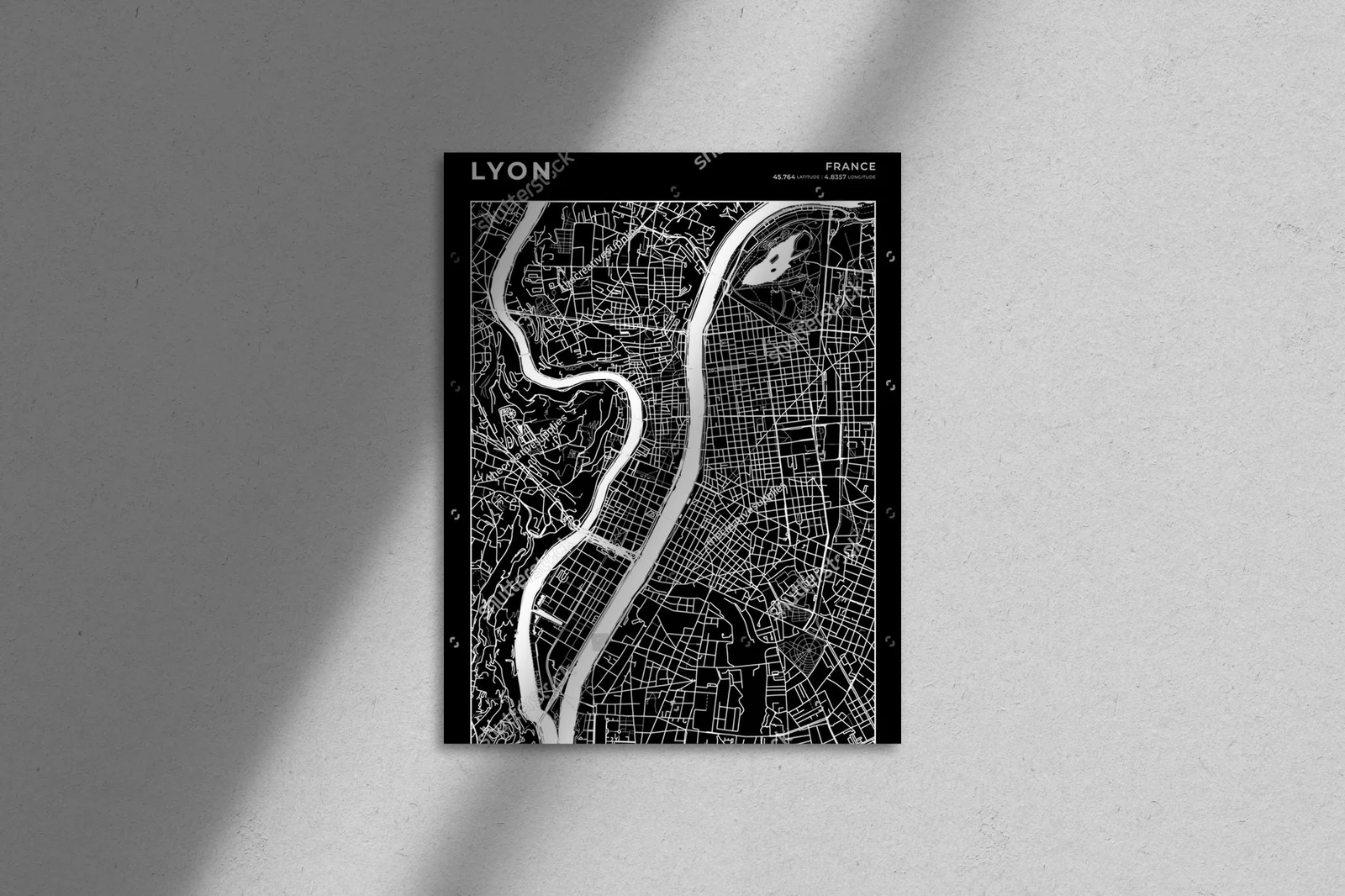 Monochromatyczna mapa Lyonu w nowoczesnym stylu