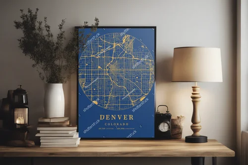 Niezwykła mapa Denver w odcieniach błękitu i żółci