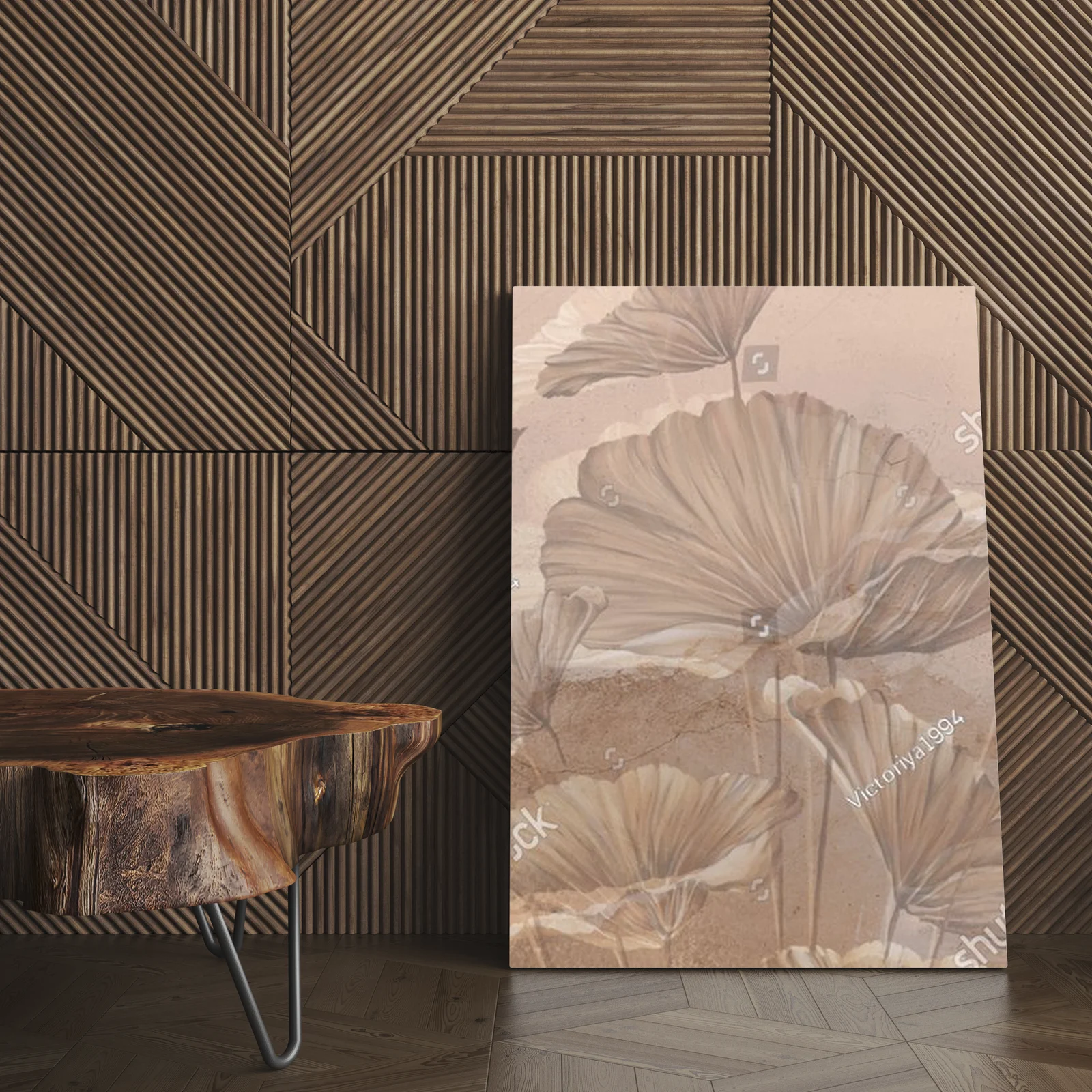 Pastelowy mural z liśćmi w harmonijnym otoczeniu