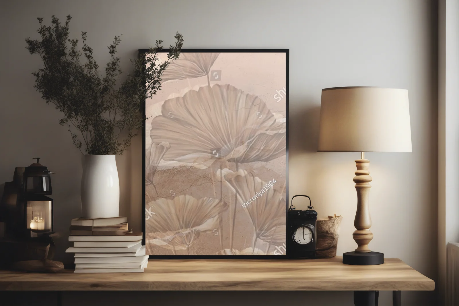 Pastelowy mural z liśćmi w harmonijnym otoczeniu