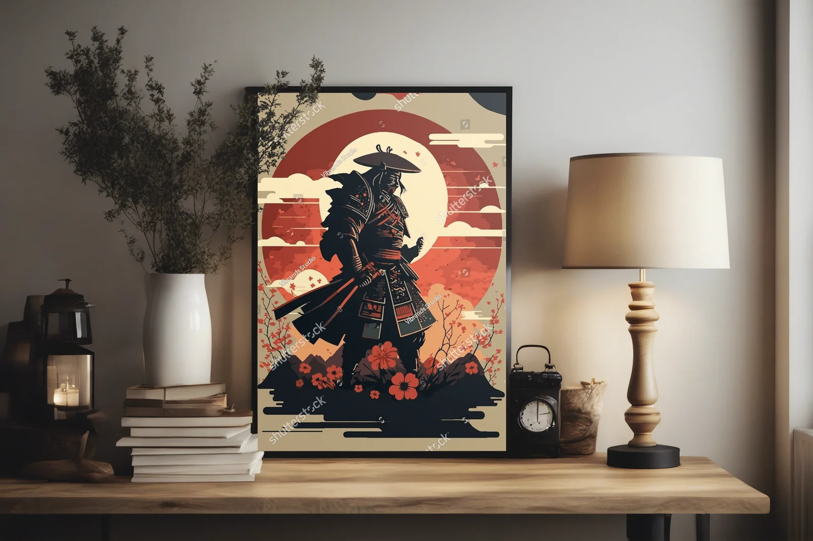 Silhouette japońskiego samuraja na tle zachodu słońca
