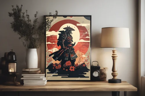 Silhouette japońskiego samuraja na tle zachodu słońca