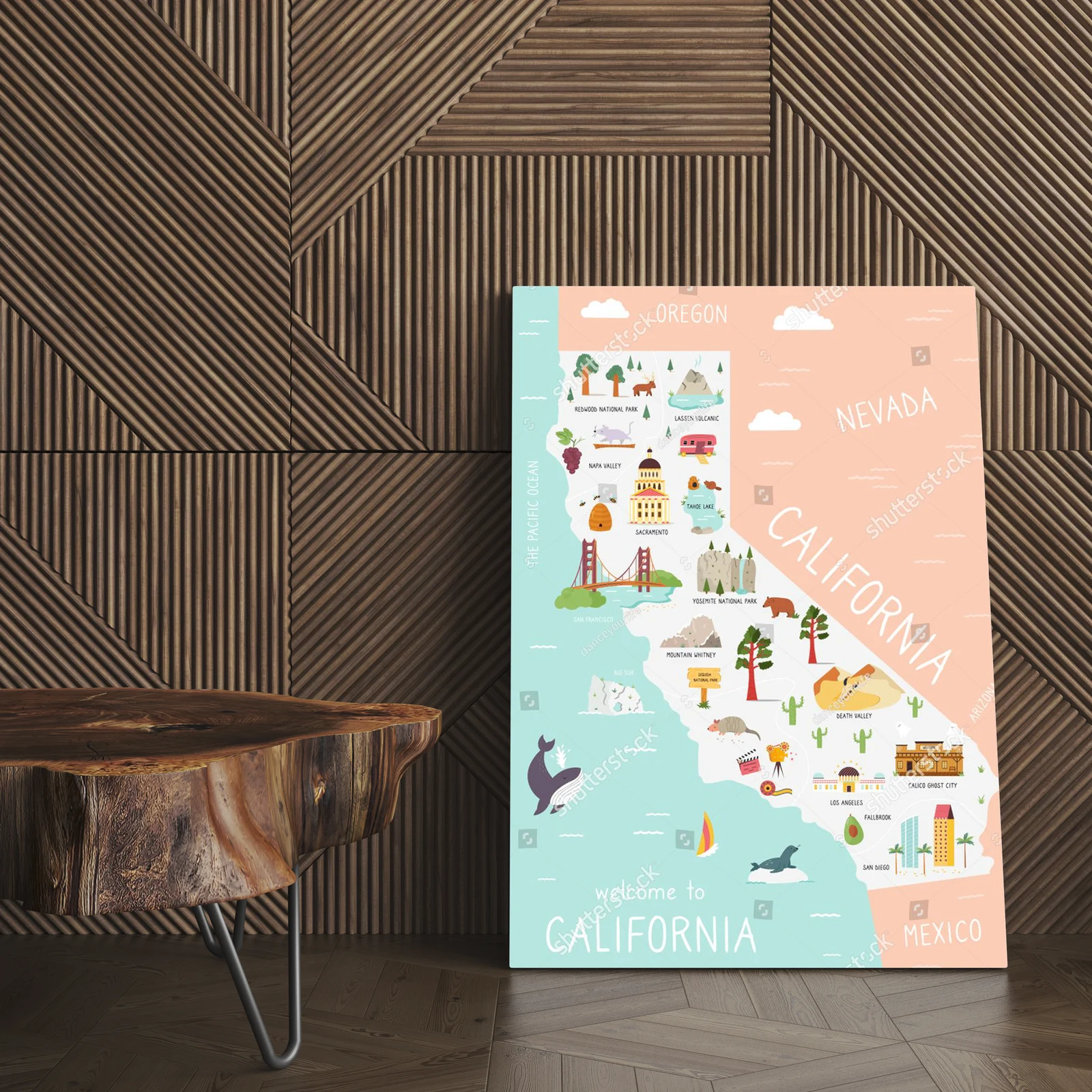 Ilustrowana mapa Kalifornii pełna kolorów i symbols