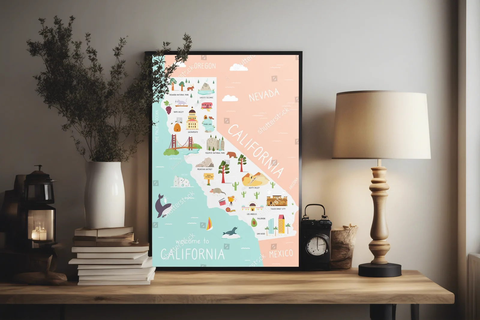 Ilustrowana mapa Kalifornii pełna kolorów i symbols