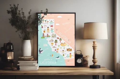 Ilustrowana mapa Kalifornii pełna kolorów i symbols