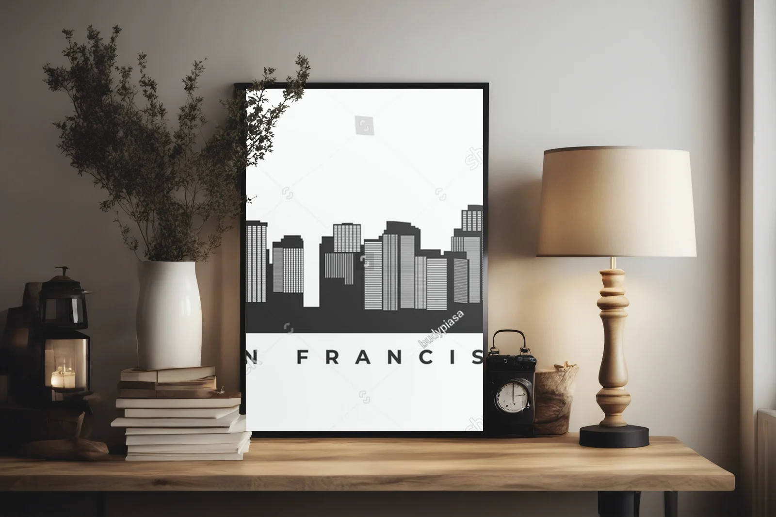 Silhouette sanfranciskiego krajobrazu w bieli i czerni