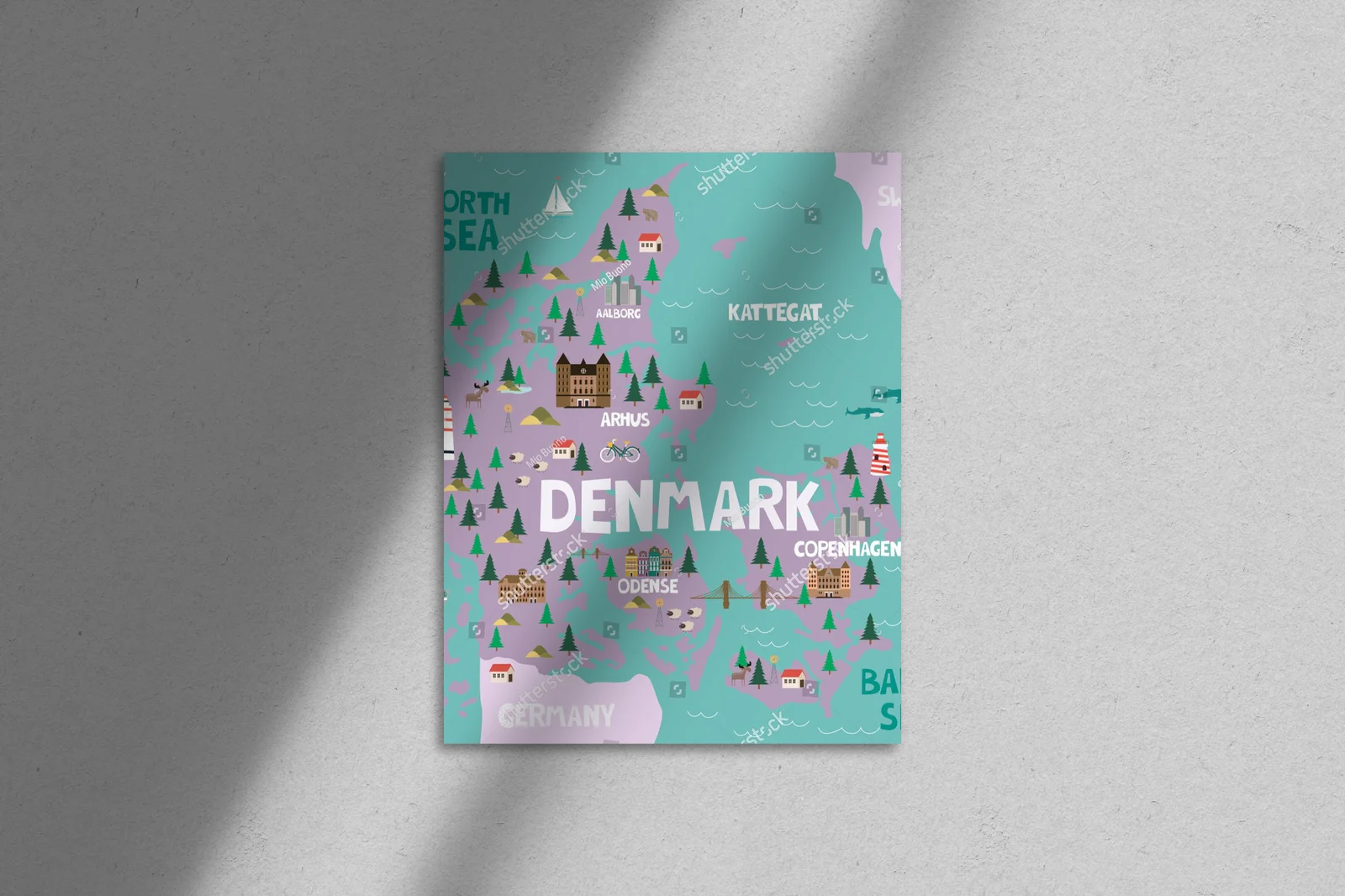 Ilustrowana mapa Danii w pastelowych odcieniach