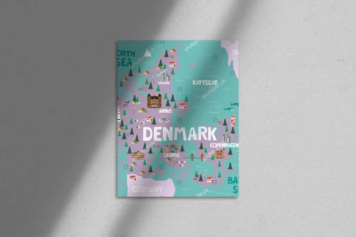 Ilustrowana mapa Danii w pastelowych odcieniach