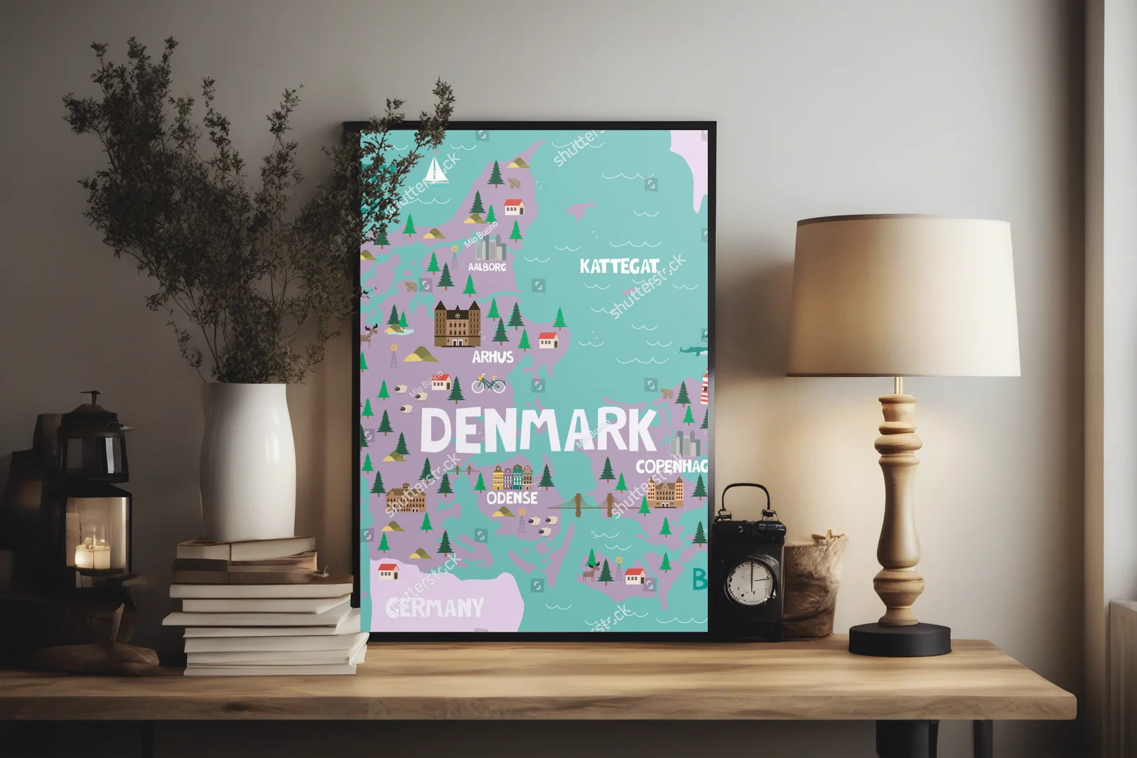 Ilustrowana mapa Danii w pastelowych odcieniach