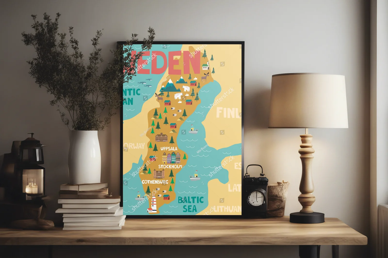 Ilustrowana mapa Szwecji w naturalnych odcieniach