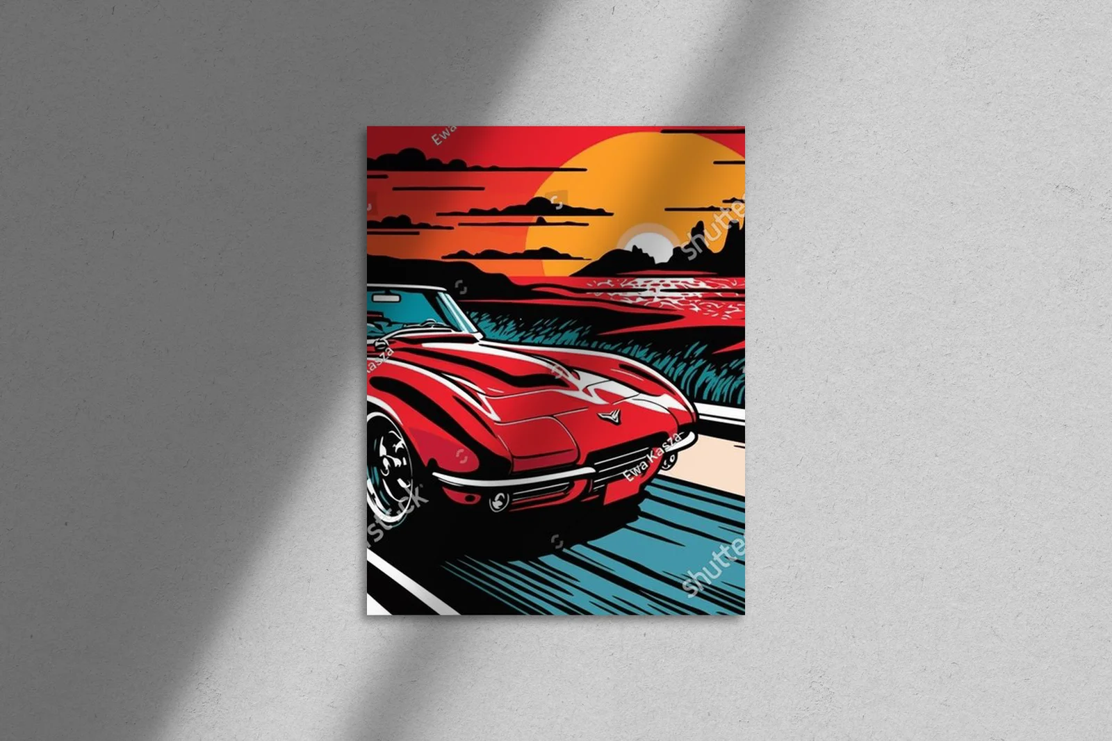 Retro wyścigowe auto na tle żywych kolorów
