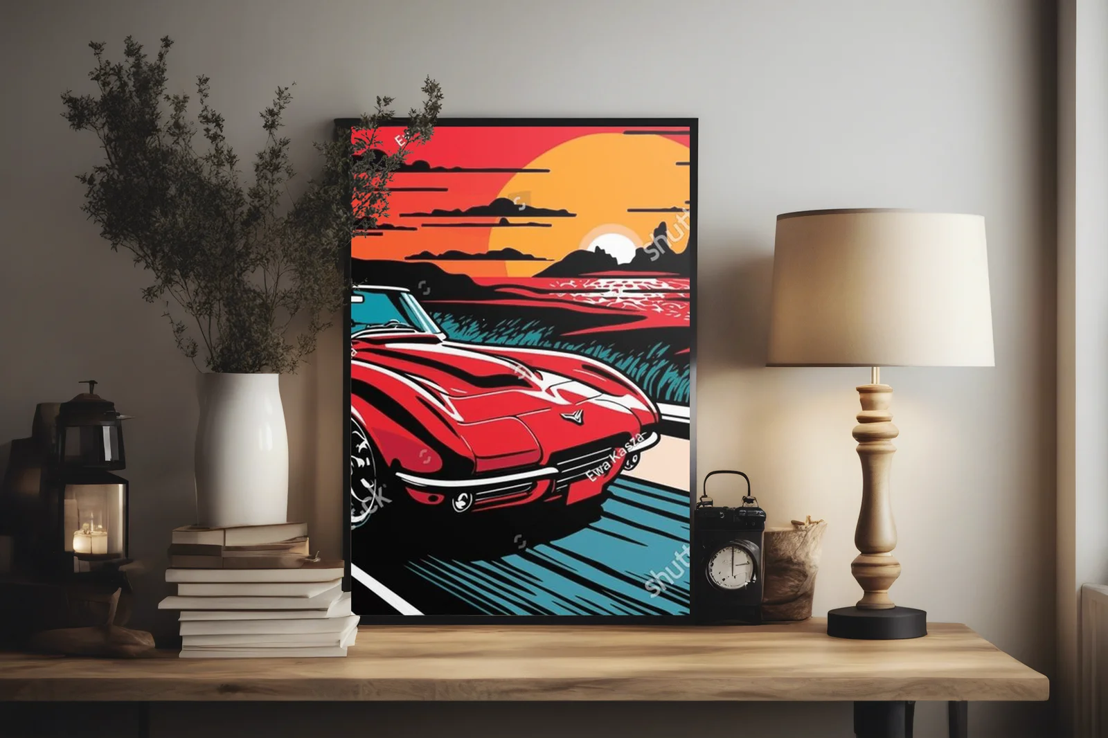 Retro wyścigowe auto na tle żywych kolorów