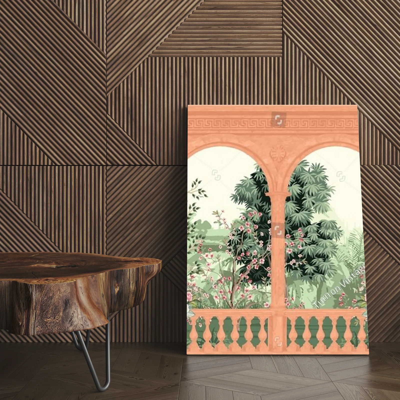 Antyczny mural z architekturą ogrodów