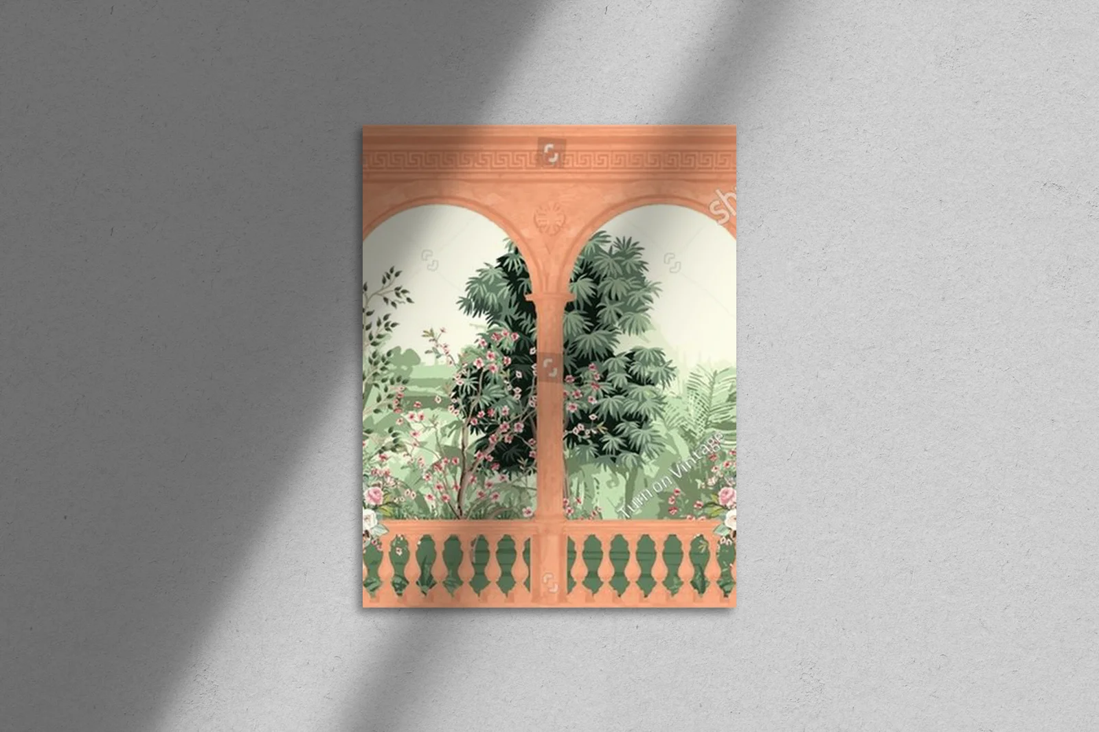 Antyczny mural z architekturą ogrodów