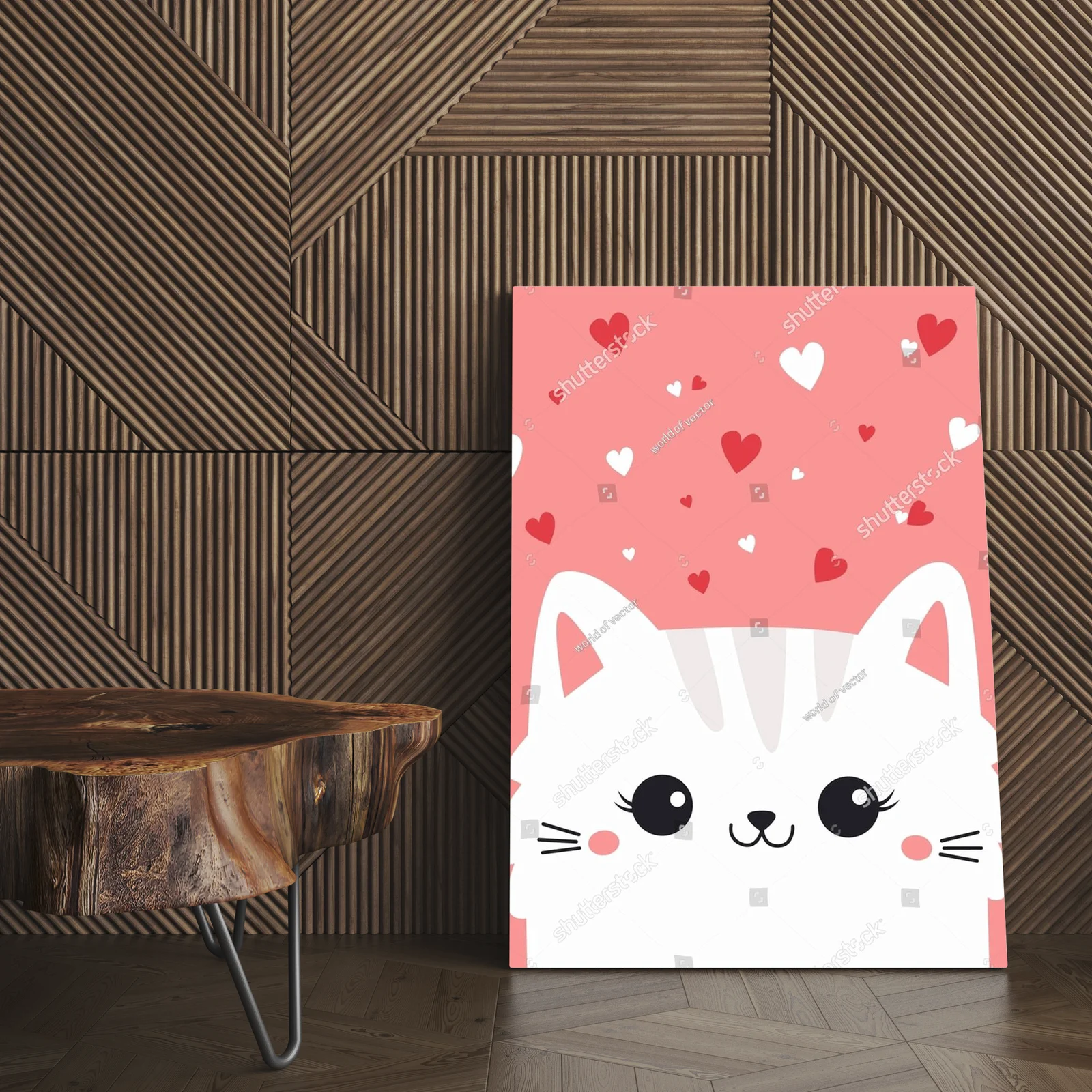 Kawaii kotek w sercach na różowym tle