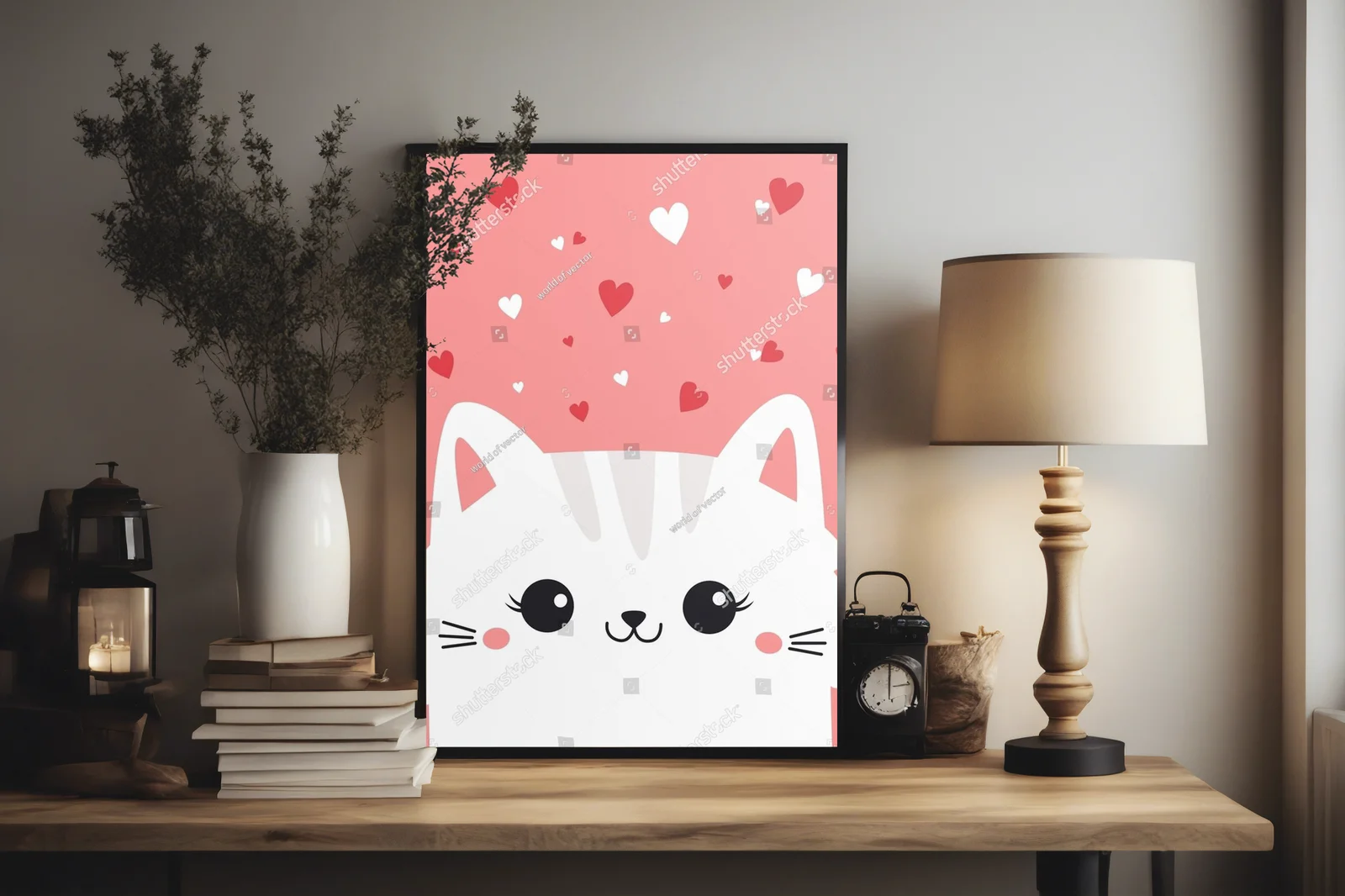 Kawaii kotek w sercach na różowym tle