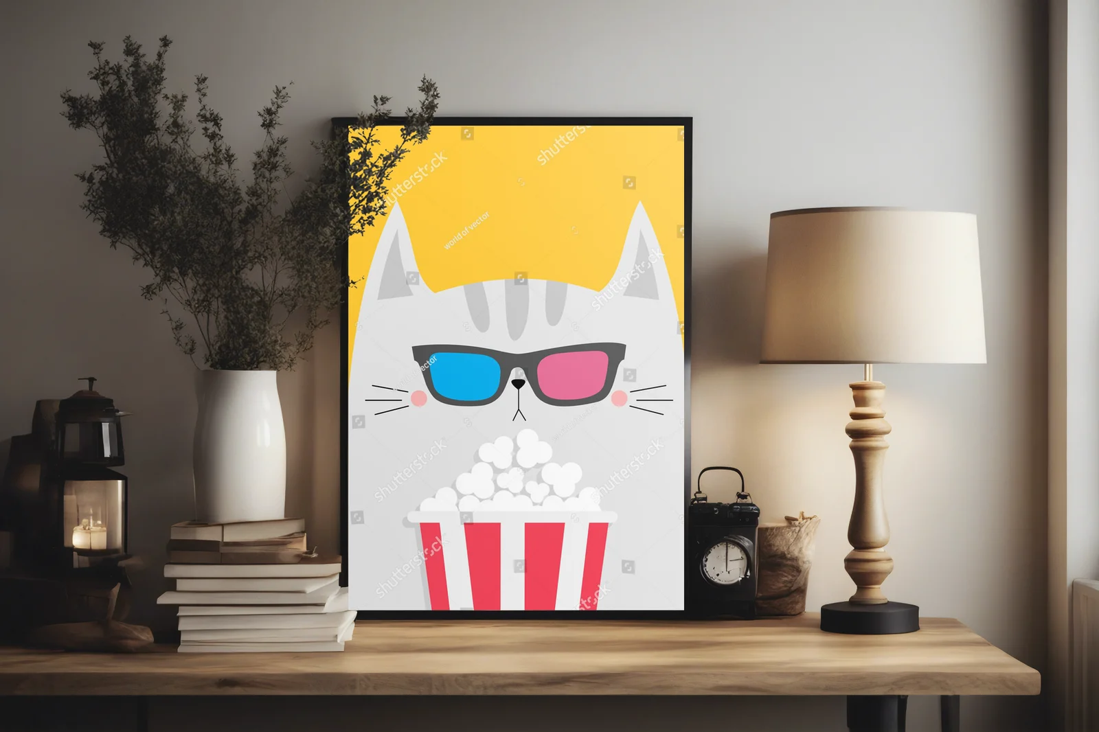 Zabawny kot w trójwymiarowych goglach z popcornem