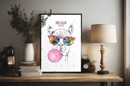 Funky lama w tęczowych okularach i różowej gumie