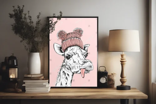 Funky żyrafa w różowej czapce z pomponem