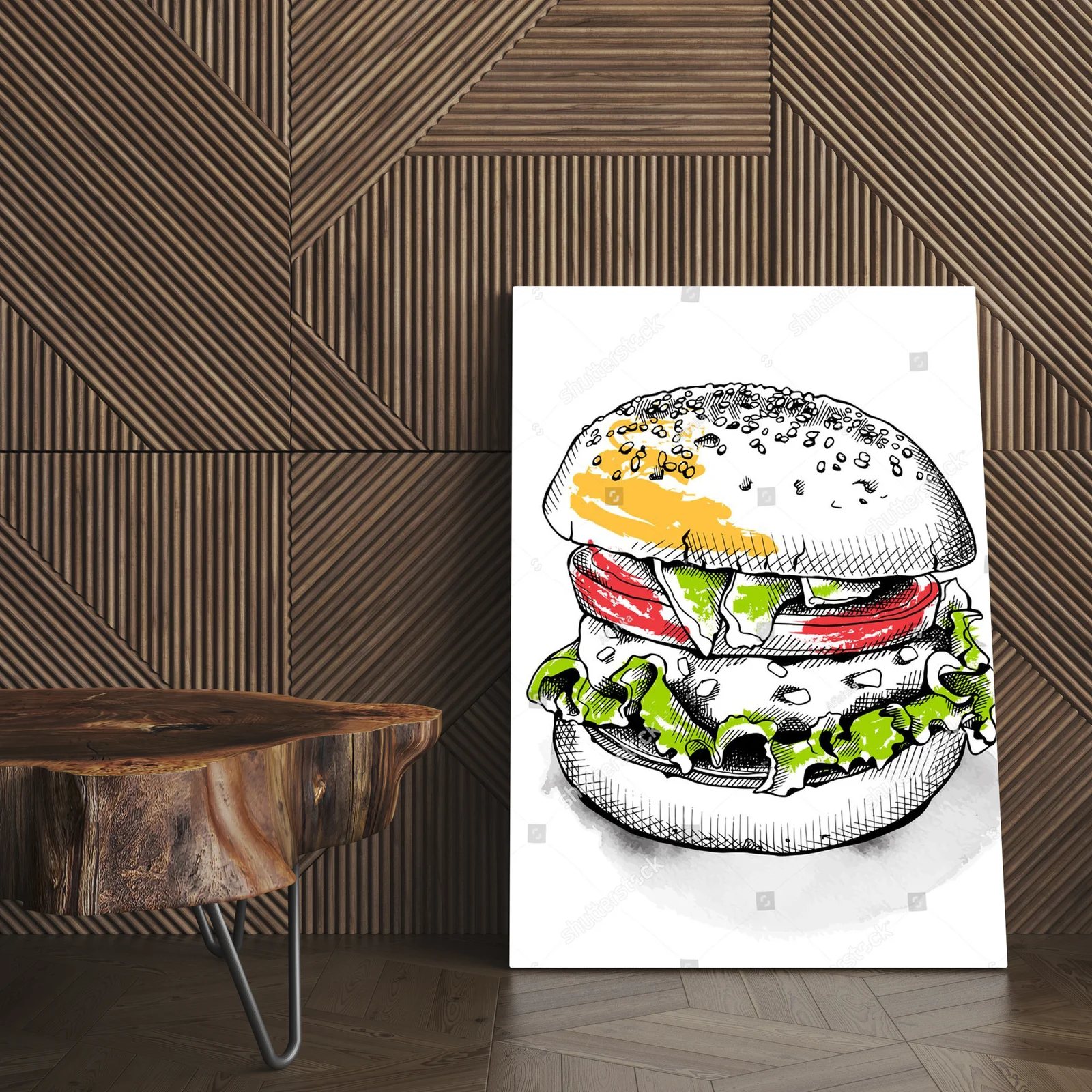 Apetyczny burger w białej, vintage aranżacji