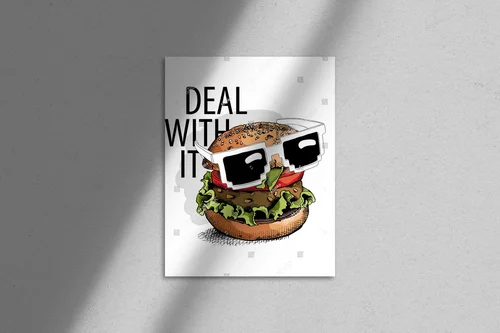 Burger z okularami pośród retro humoru