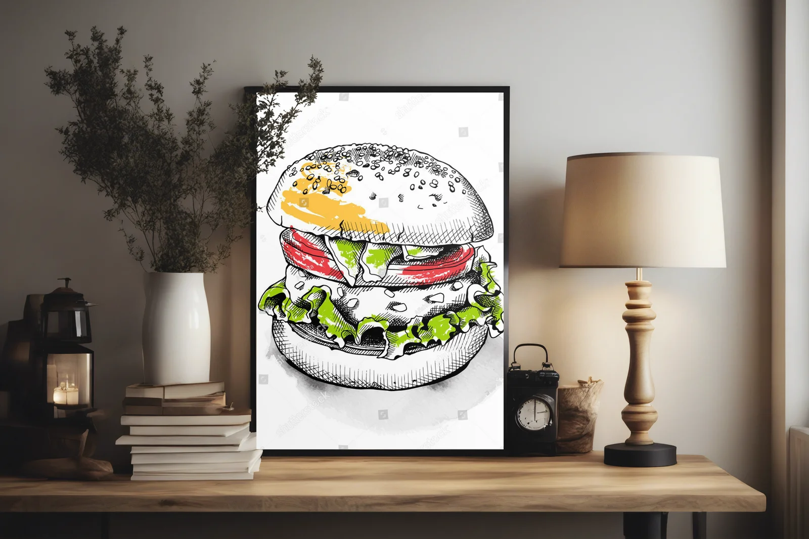 Apetyczny burger w białej, vintage aranżacji