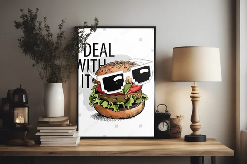 Burger z okularami pośród retro humoru