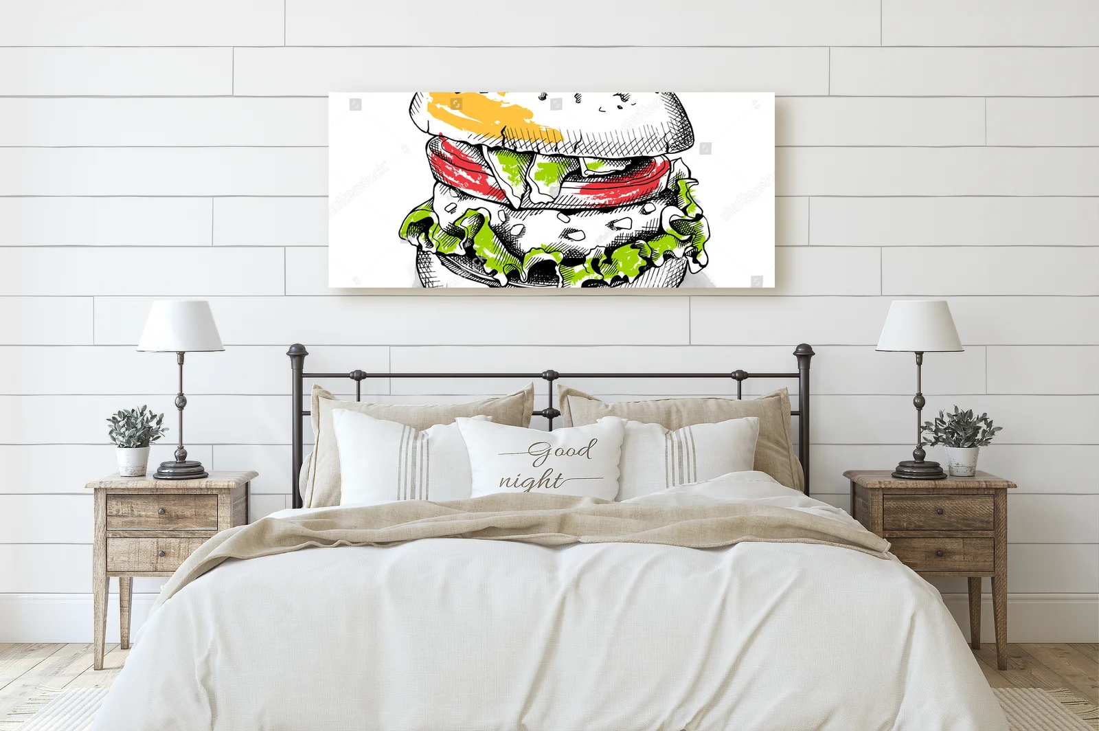 Apetyczny burger w białej, vintage aranżacji