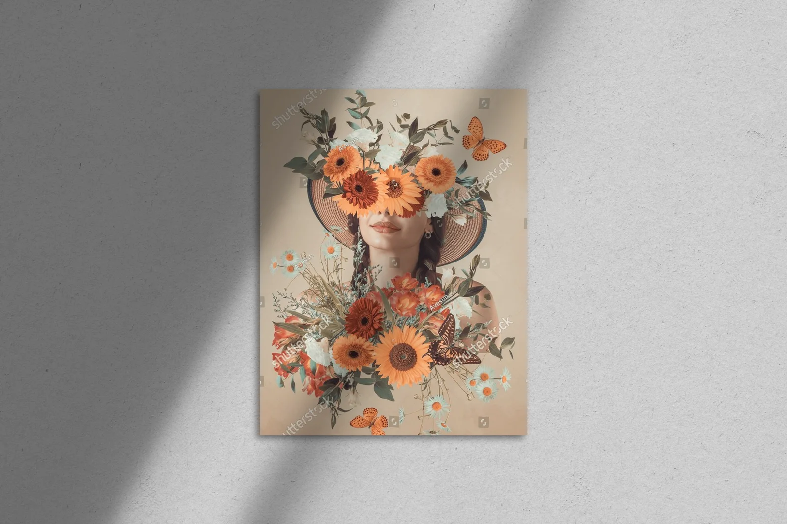 Fantazyjny portret młodej kobiety w kwiatowej kompozycji