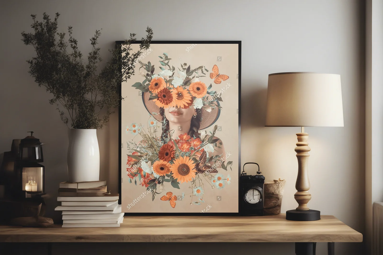 Fantazyjny portret młodej kobiety w kwiatowej kompozycji