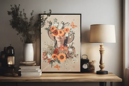 Fantazyjny portret młodej kobiety w kwiatowej kompozycji