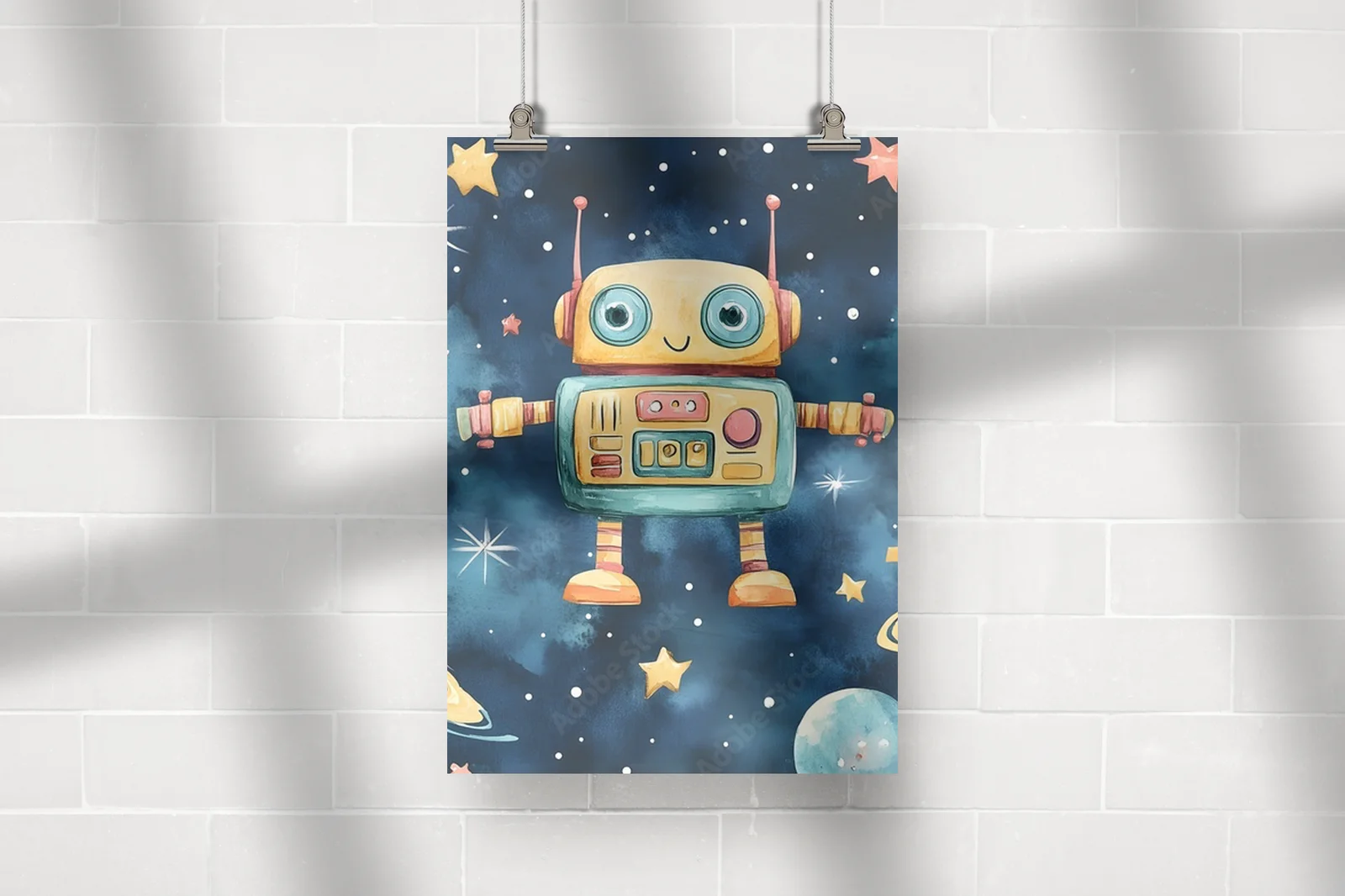 Radosny robot wśród gwiazd w pastelowych barwach